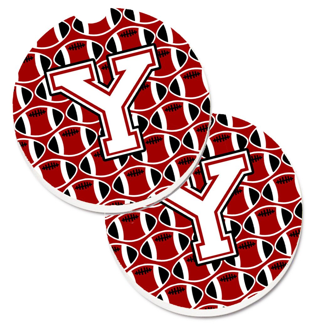 Letter Y Football Cardinal and White Set of 2 Cup Holder Car Coasters CJ1082-YCARC by Caroline&#39;s Treasures