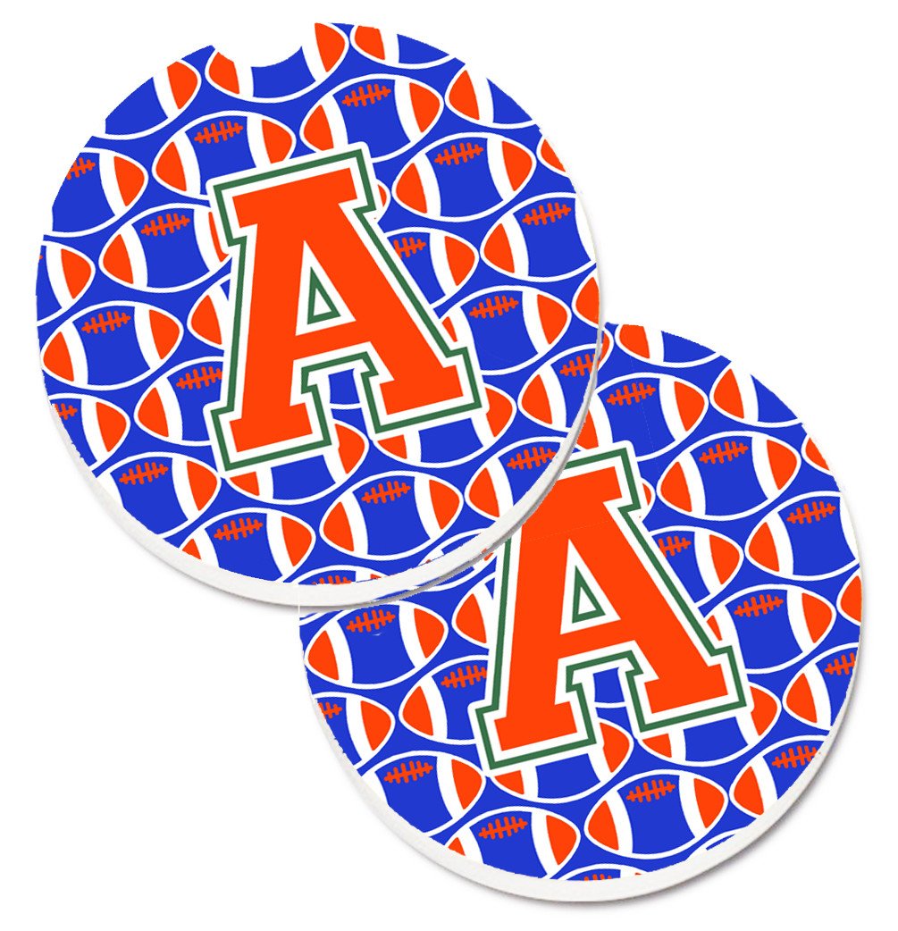 Letter A Football Green, Blue and Orange Set of 2 Cup Holder Car Coasters CJ1083-ACARC by Caroline&#39;s Treasures