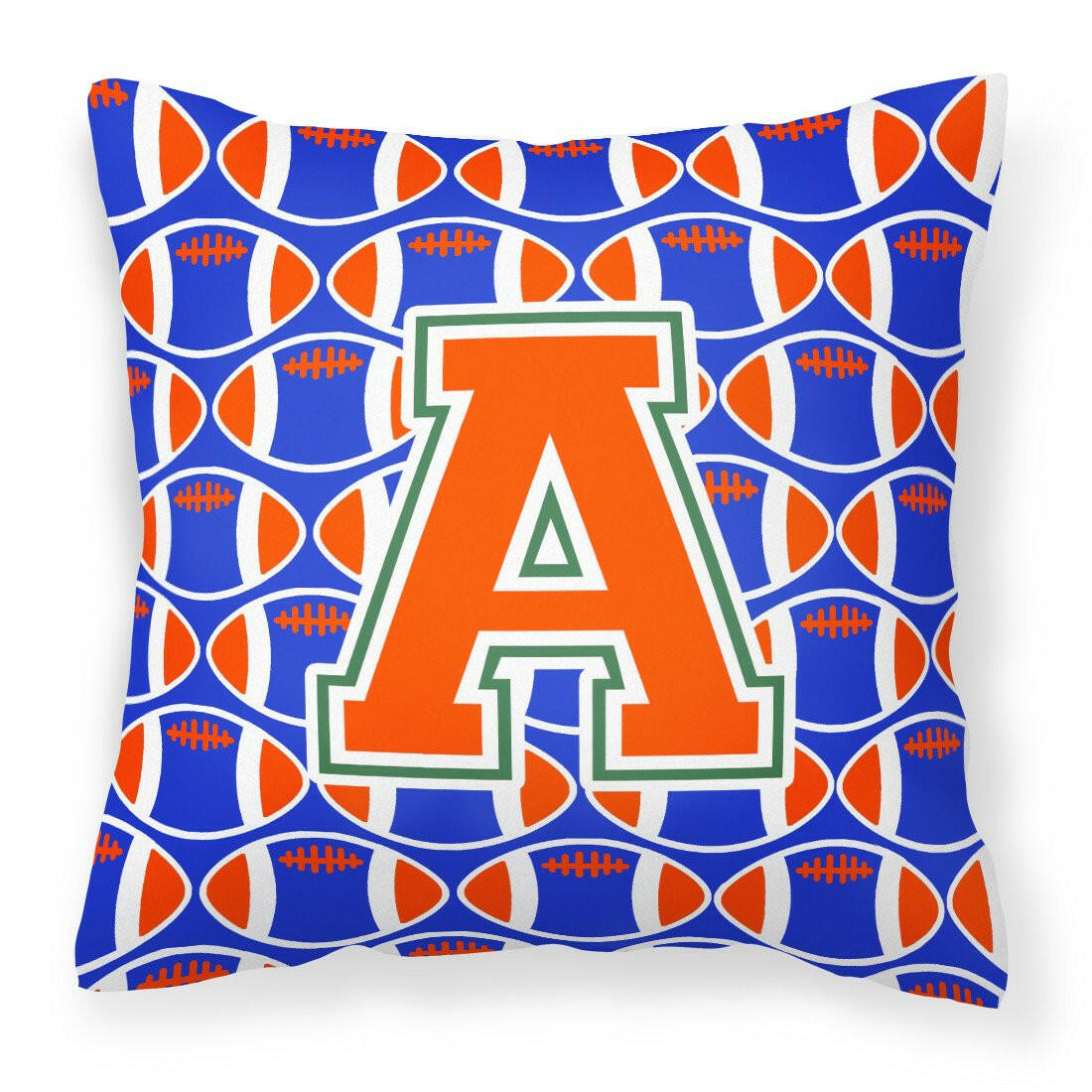 Letter A Football Green, Blue and Orange Fabric Decorative Pillow CJ1083-APW1414 by Caroline&#39;s Treasures