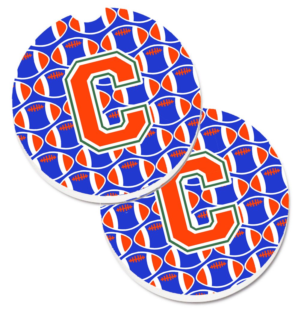Letter C Football Green, Blue and Orange Set of 2 Cup Holder Car Coasters CJ1083-CCARC by Caroline&#39;s Treasures