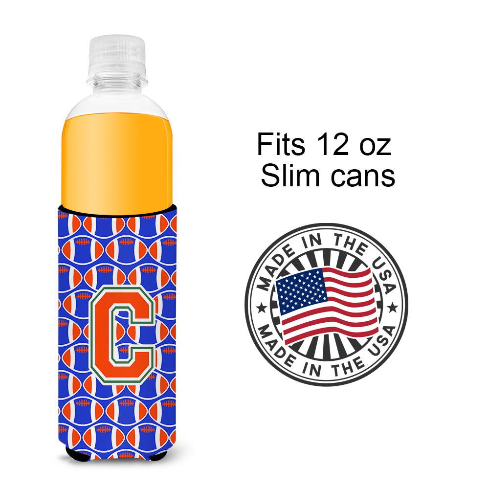 Letter C Football Green, Blue and Orange Ultra Beverage Insulators for slim cans CJ1083-CMUK.