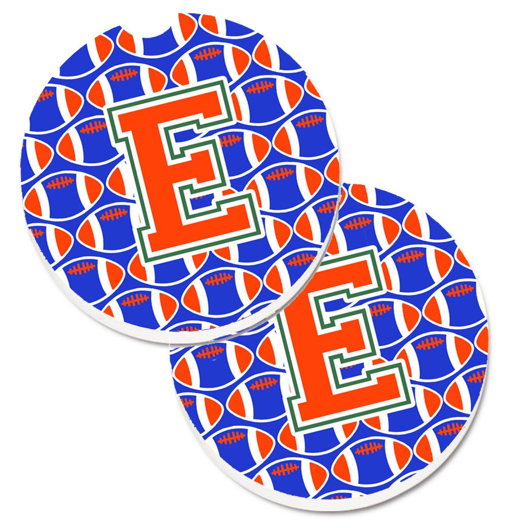 Letter E Football Green, Blue and Orange Set of 2 Cup Holder Car Coasters CJ1083-ECARC by Caroline&#39;s Treasures