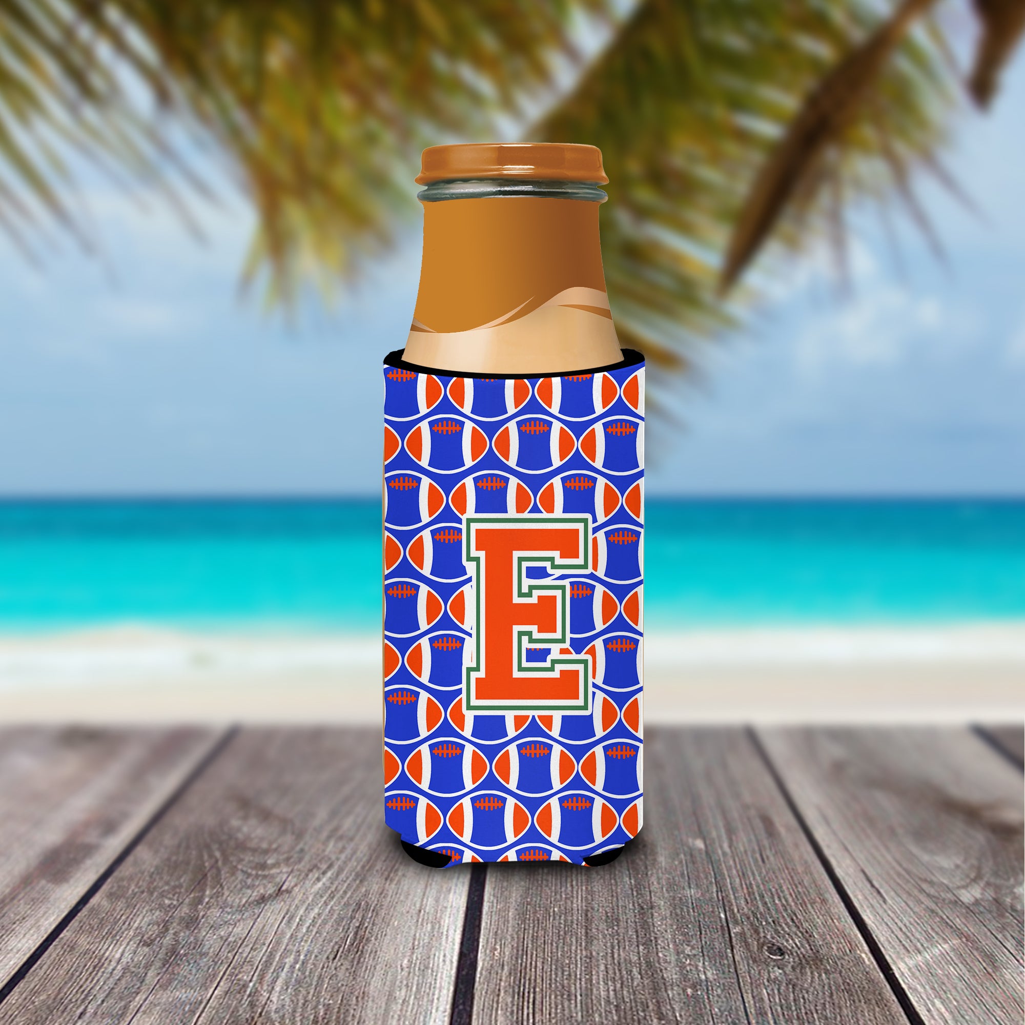 Letter E Football Green, Blue and Orange Ultra Beverage Insulators for slim cans CJ1083-EMUK