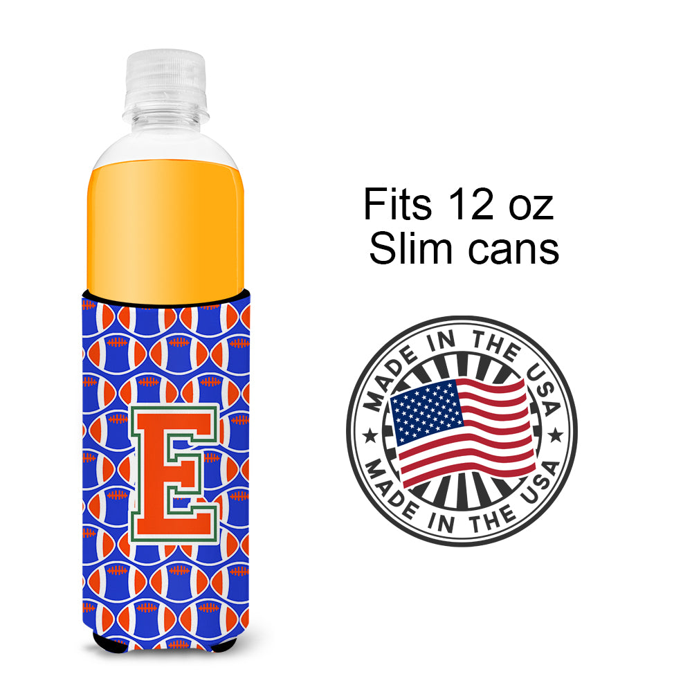 Letter E Football Green, Blue and Orange Ultra Beverage Insulators for slim cans CJ1083-EMUK