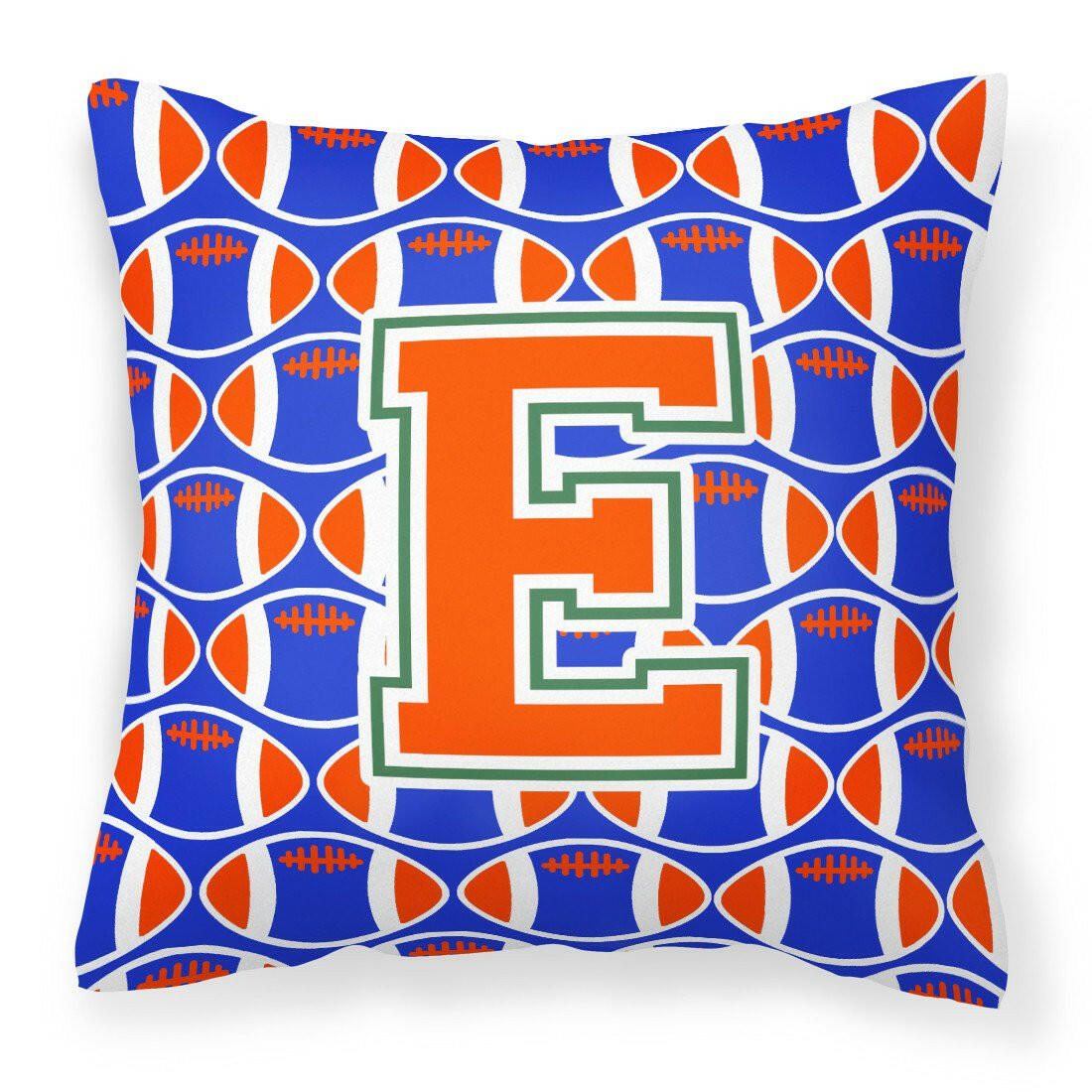 Letter E Football Green, Blue and Orange Fabric Decorative Pillow CJ1083-EPW1414 by Caroline&#39;s Treasures
