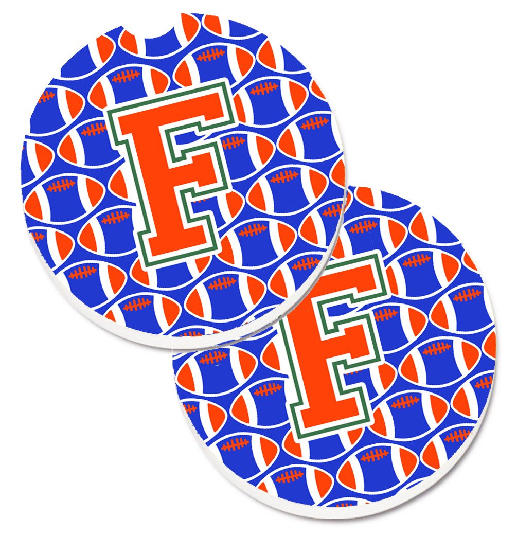 Letter F Football Green, Blue and Orange Set of 2 Cup Holder Car Coasters CJ1083-FCARC by Caroline&#39;s Treasures