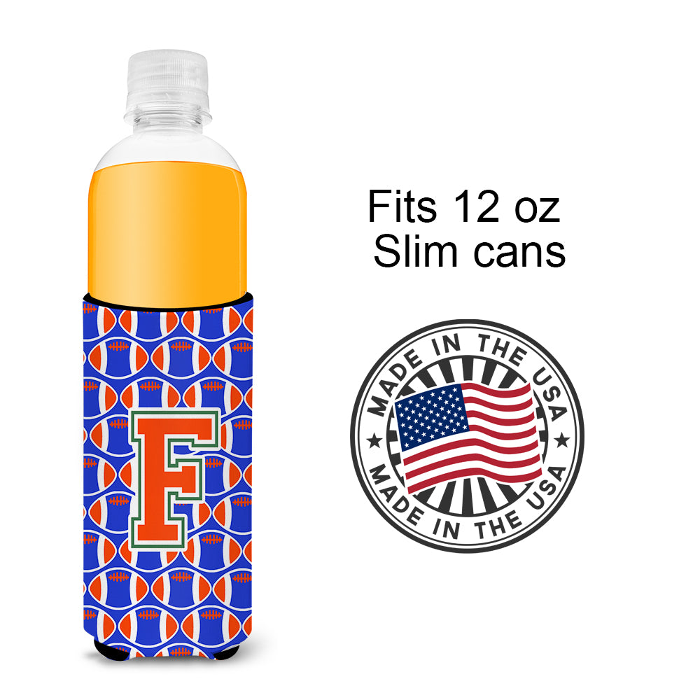 Letter F Football Green, Blue and Orange Ultra Beverage Insulators for slim cans CJ1083-FMUK.