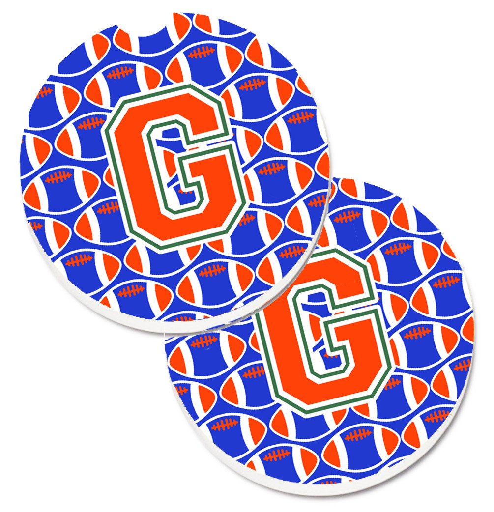 Letter G Football Green, Blue and Orange Set of 2 Cup Holder Car Coasters CJ1083-GCARC by Caroline&#39;s Treasures
