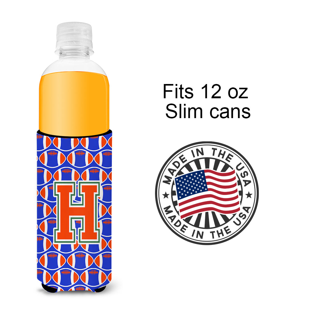 Letter H Football Green, Blue and Orange Ultra Beverage Insulators for slim cans CJ1083-HMUK.