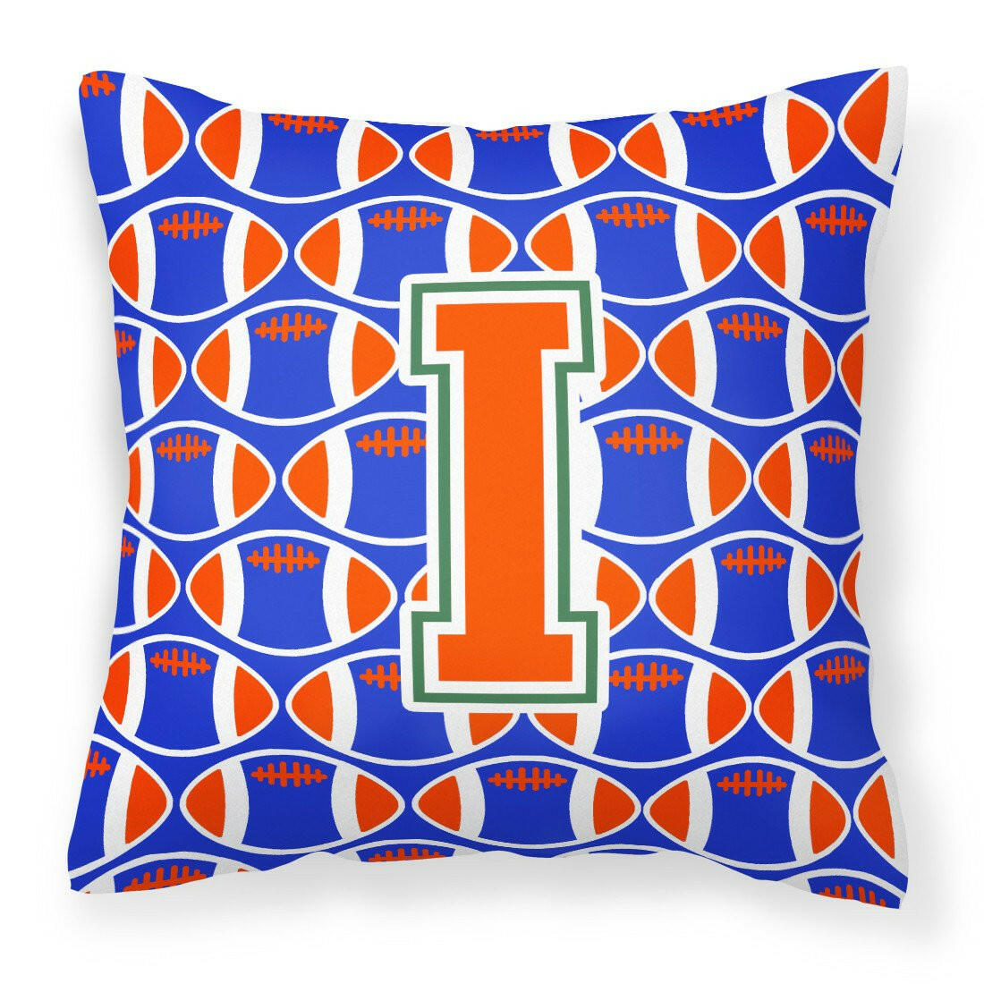 Letter I Football Green, Blue and Orange Fabric Decorative Pillow CJ1083-IPW1414 by Caroline&#39;s Treasures