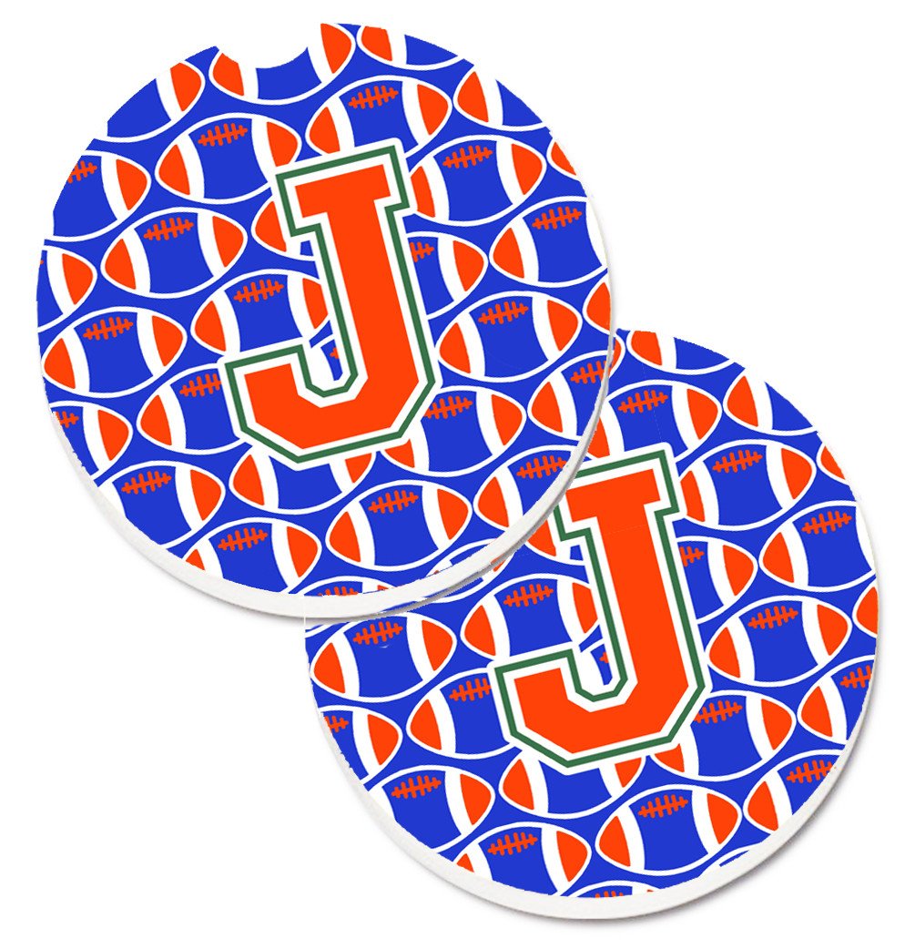 Letter J Football Green, Blue and Orange Set of 2 Cup Holder Car Coasters CJ1083-JCARC by Caroline&#39;s Treasures