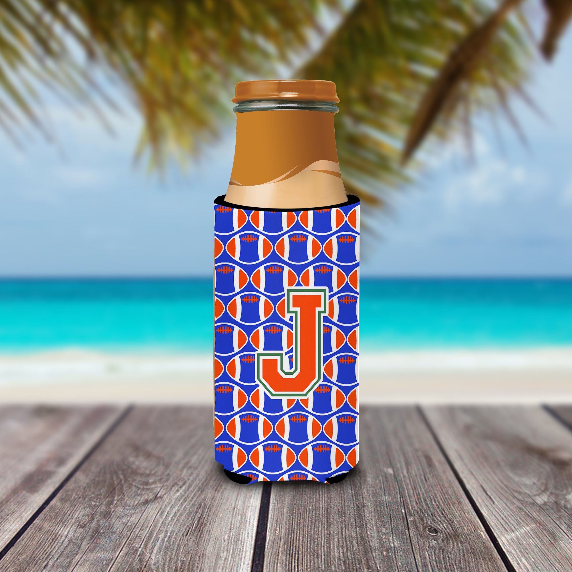 Letter J Football Green, Blue and Orange Ultra Beverage Insulators for slim cans CJ1083-JMUK