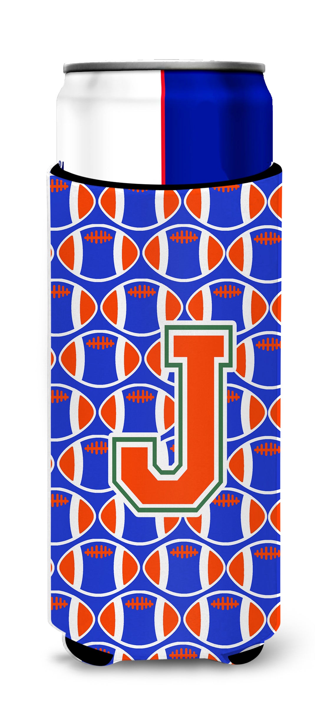 Letter J Football Green, Blue and Orange Ultra Beverage Insulators for slim cans CJ1083-JMUK.