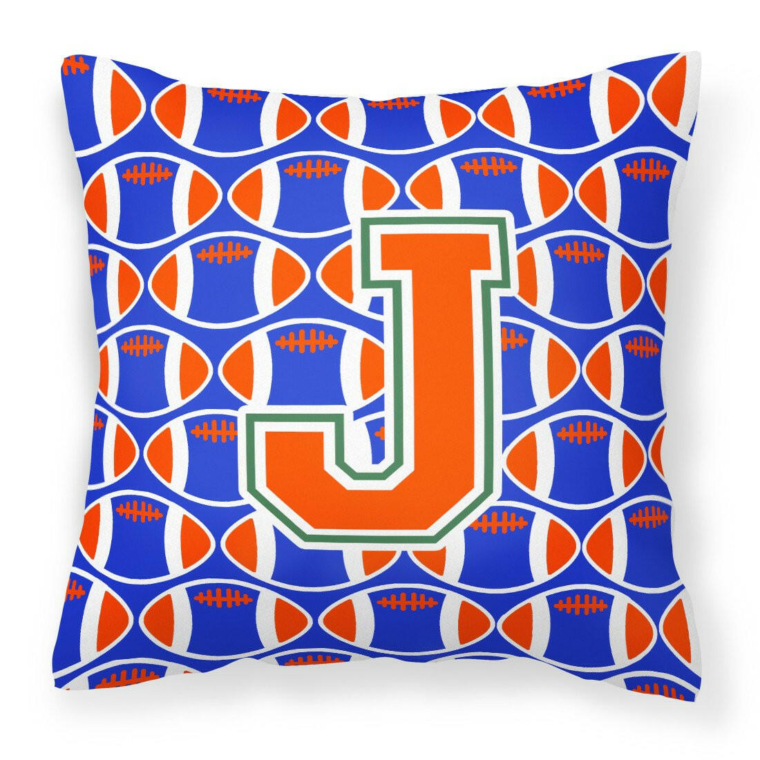 Letter J Football Green, Blue and Orange Fabric Decorative Pillow CJ1083-JPW1414 by Caroline&#39;s Treasures