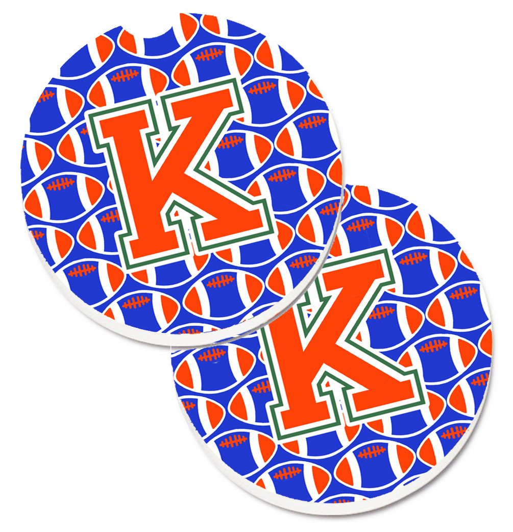 Letter K Football Green, Blue and Orange Set of 2 Cup Holder Car Coasters CJ1083-KCARC by Caroline's Treasures