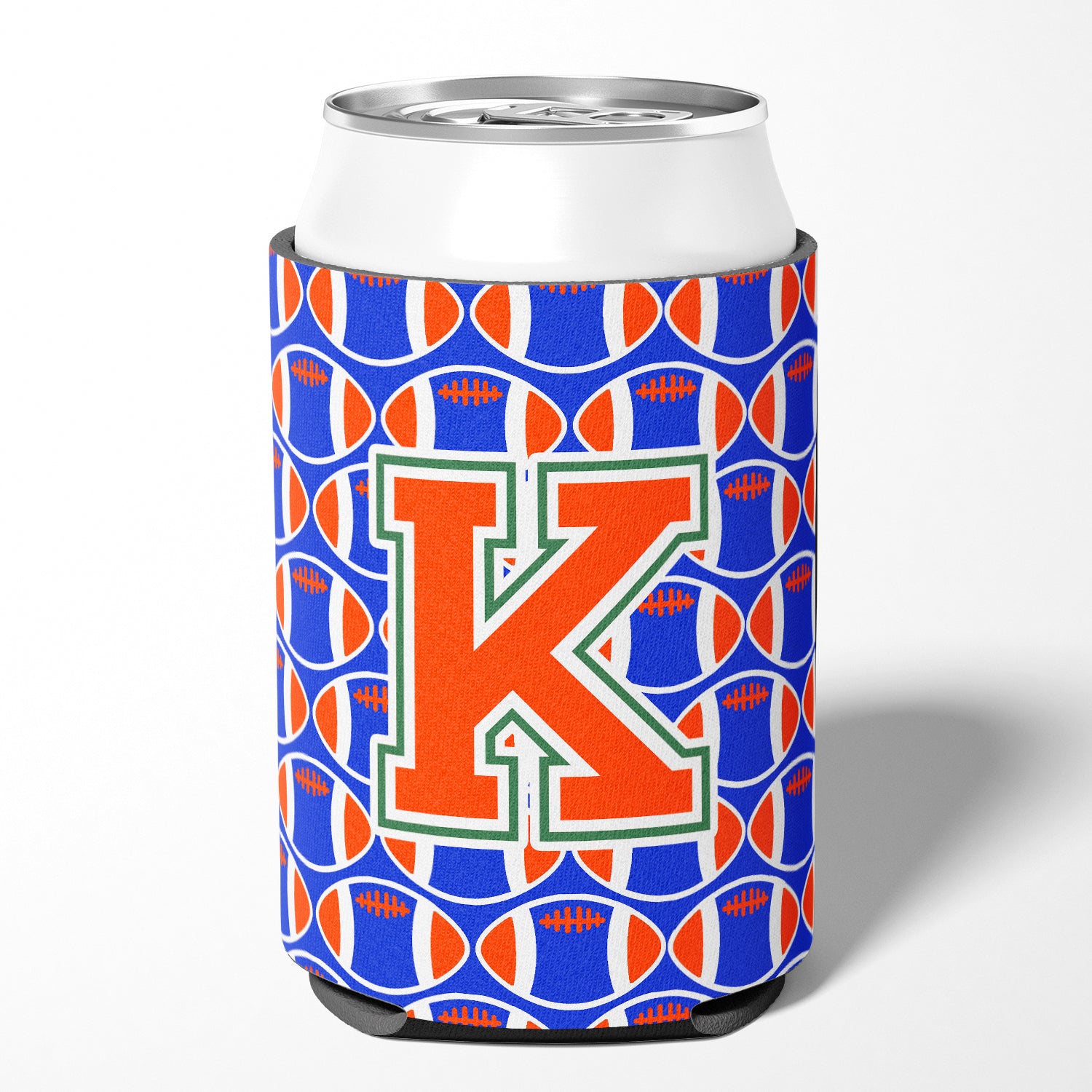 Letter K Football Green, Blue and Orange Can or Bottle Hugger CJ1083-KCC.