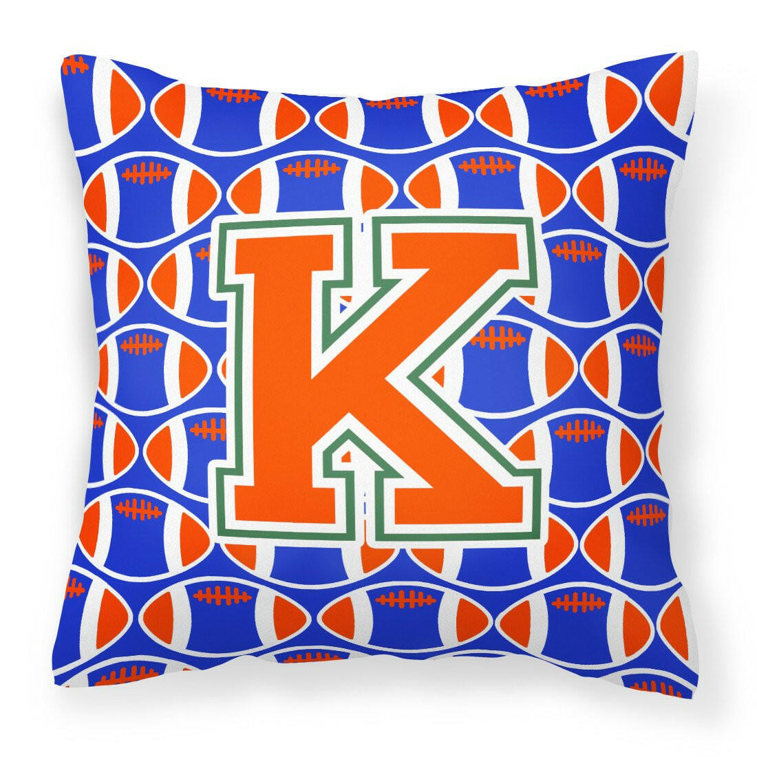 Letter K Football Green, Blue and Orange Fabric Decorative Pillow CJ1083-KPW1414 by Caroline&#39;s Treasures