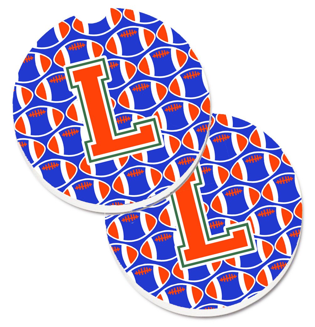 Letter L Football Green, Blue and Orange Set of 2 Cup Holder Car Coasters CJ1083-LCARC by Caroline&#39;s Treasures