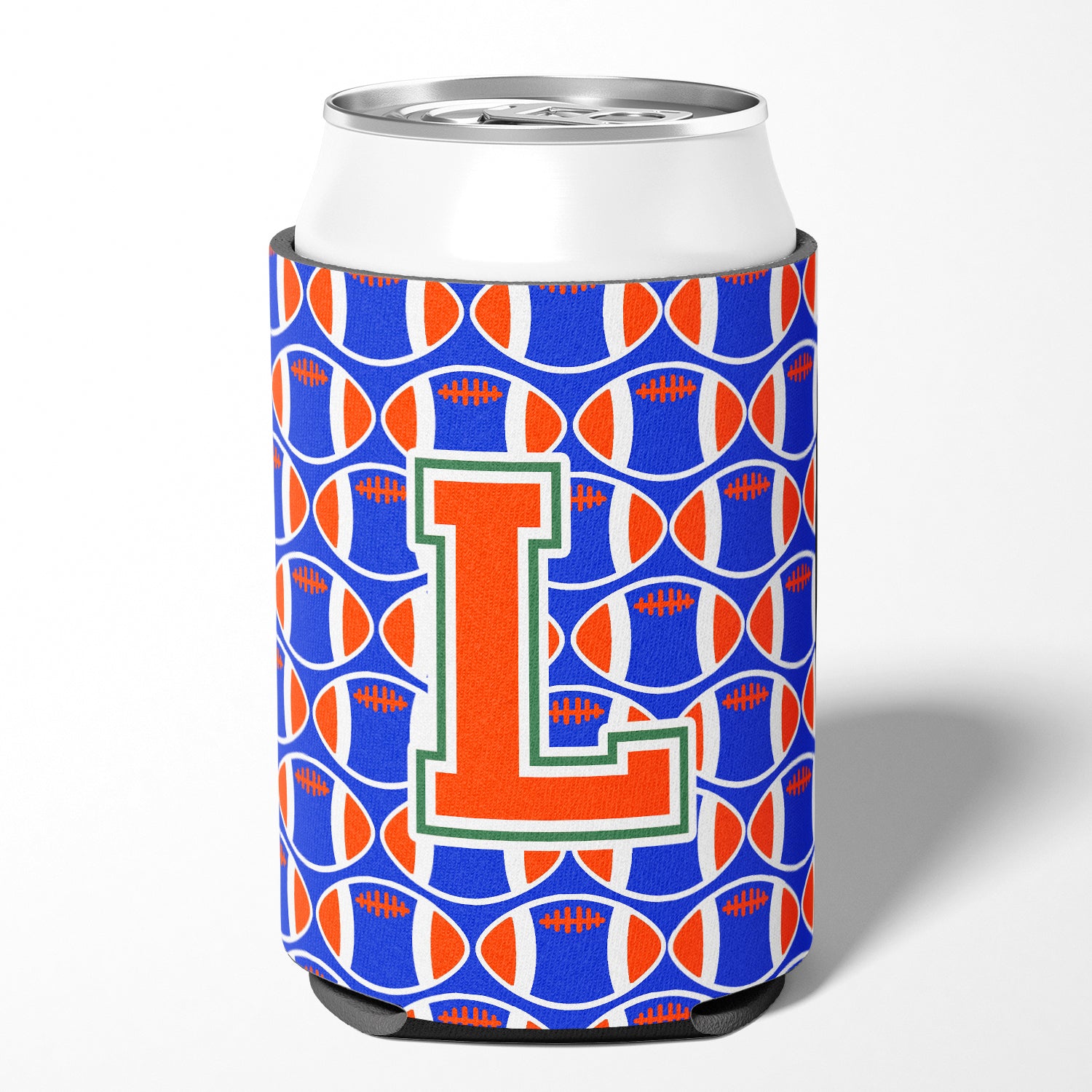 Letter L Football Green, Blue and Orange Can or Bottle Hugger CJ1083-LCC