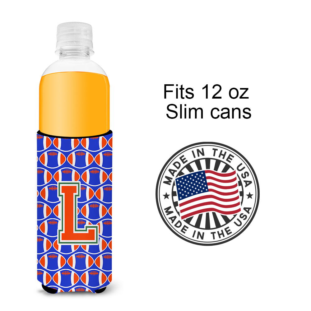 Letter L Football Green, Blue and Orange Ultra Beverage Insulators for slim cans CJ1083-LMUK.