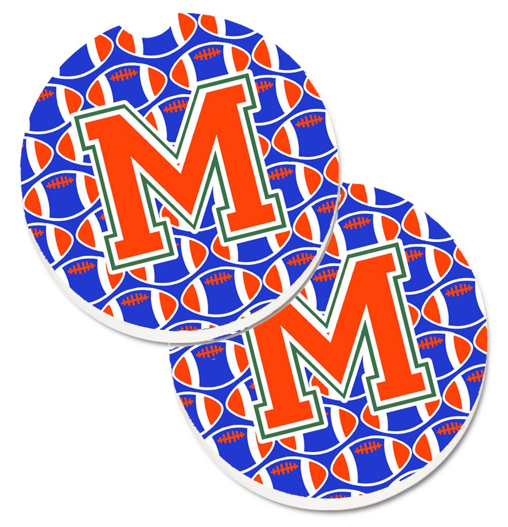 Letter M Football Green, Blue and Orange Set of 2 Cup Holder Car Coasters CJ1083-MCARC by Caroline&#39;s Treasures