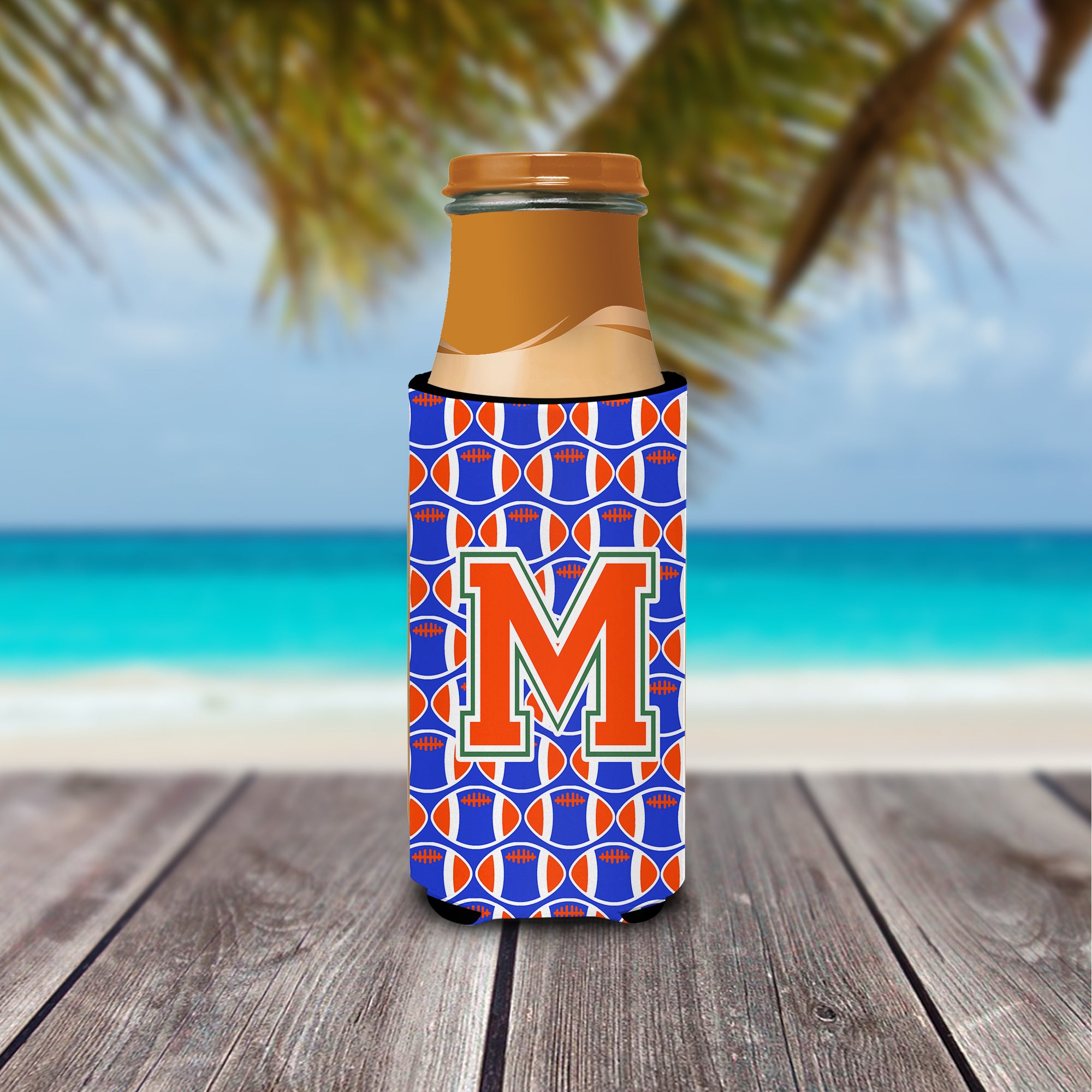 Letter M Football Green, Blue and Orange Ultra Beverage Insulators for slim cans CJ1083-MMUK.