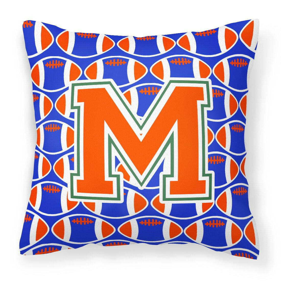 Letter M Football Green, Blue and Orange Fabric Decorative Pillow CJ1083-MPW1414 by Caroline&#39;s Treasures