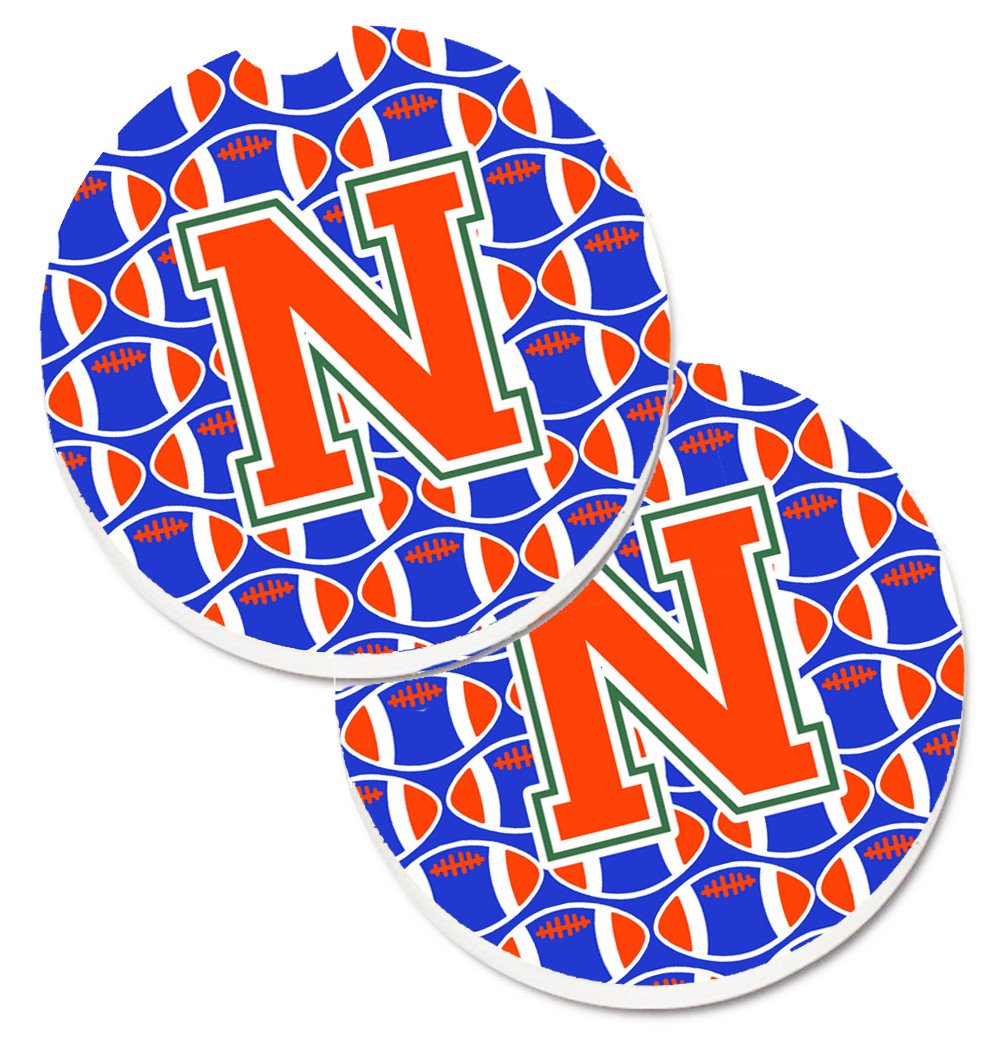 Letter N Football Green, Blue and Orange Set of 2 Cup Holder Car Coasters CJ1083-NCARC by Caroline&#39;s Treasures
