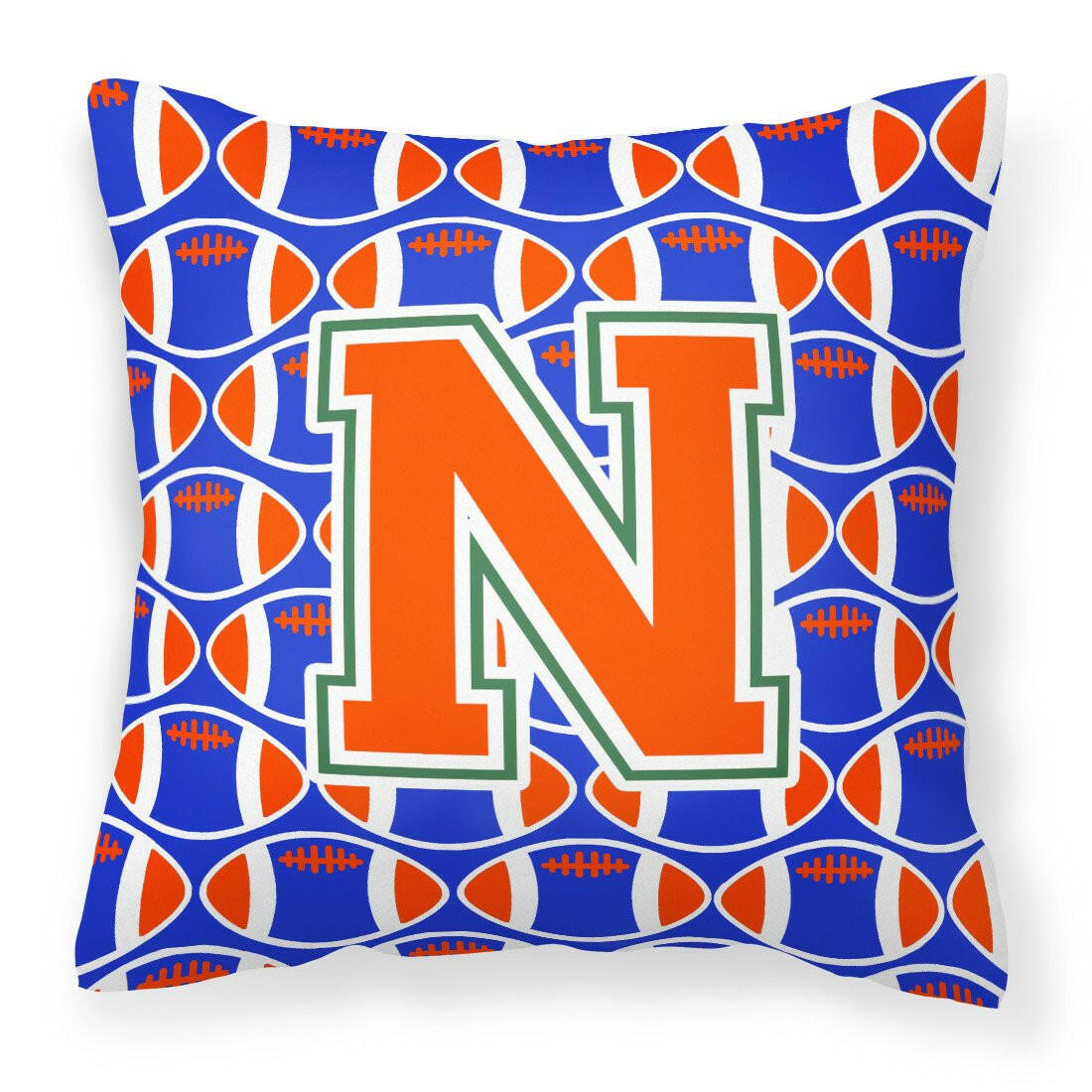 Letter N Football Green, Blue and Orange Fabric Decorative Pillow CJ1083-NPW1414 by Caroline&#39;s Treasures