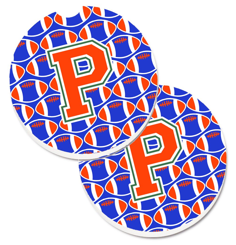 Letter P Football Green, Blue and Orange Set of 2 Cup Holder Car Coasters CJ1083-PCARC by Caroline&#39;s Treasures