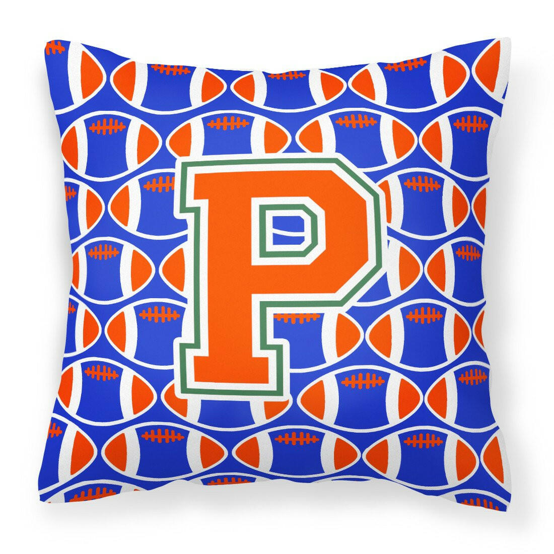 Letter P Football Green, Blue and Orange Fabric Decorative Pillow CJ1083-PPW1414 by Caroline&#39;s Treasures