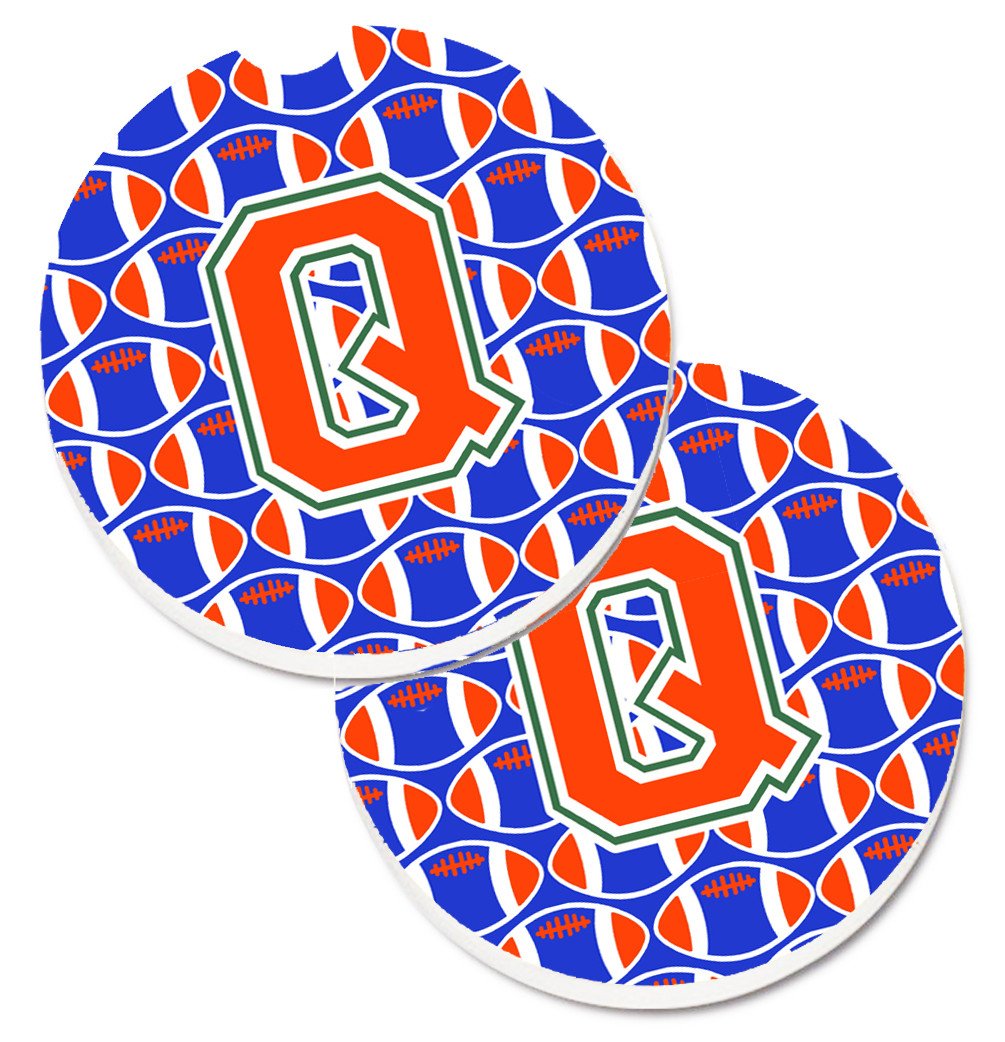 Letter Q Football Green, Blue and Orange Set of 2 Cup Holder Car Coasters CJ1083-QCARC by Caroline&#39;s Treasures