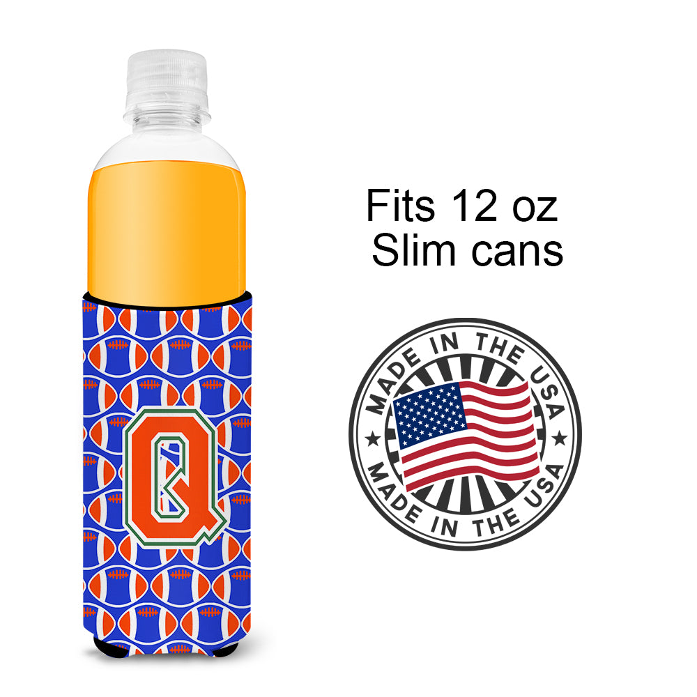 Letter Q Football Green, Blue and Orange Ultra Beverage Insulators for slim cans CJ1083-QMUK.