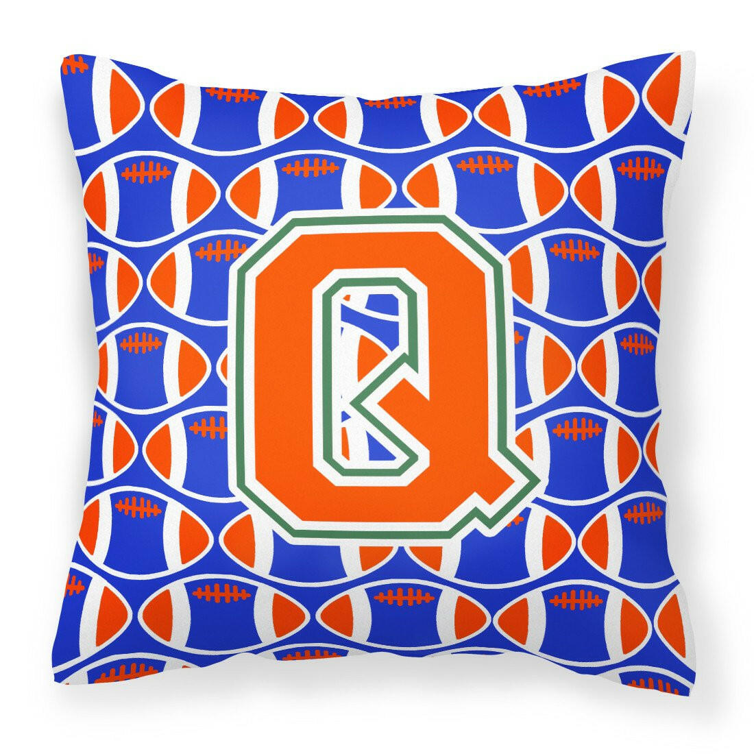 Letter Q Football Green, Blue and Orange Fabric Decorative Pillow CJ1083-QPW1414 by Caroline&#39;s Treasures