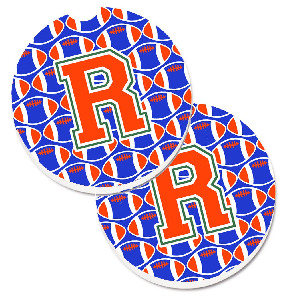 Letter R Football Green, Blue and Orange Set of 2 Cup Holder Car Coasters CJ1083-RCARC by Caroline's Treasures