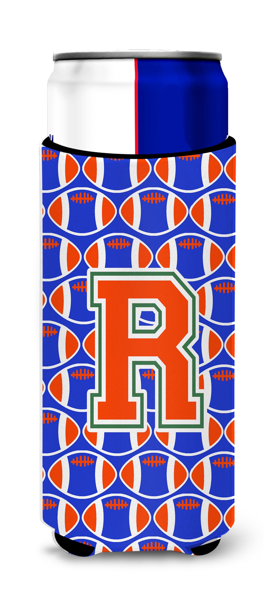Letter R Football Green, Blue and Orange Ultra Beverage Insulators for slim cans CJ1083-RMUK.