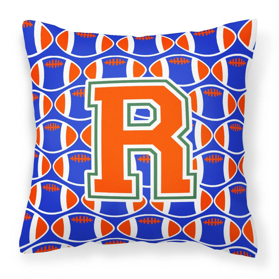 Letter R Football Green, Blue and Orange Fabric Decorative Pillow CJ1083-RPW1414 by Caroline&#39;s Treasures