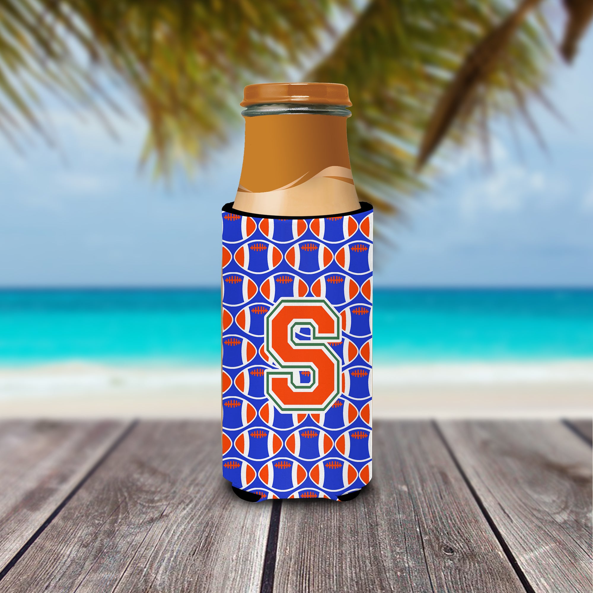 Letter S Football Green, Blue and Orange Ultra Beverage Insulators for slim cans CJ1083-SMUK.