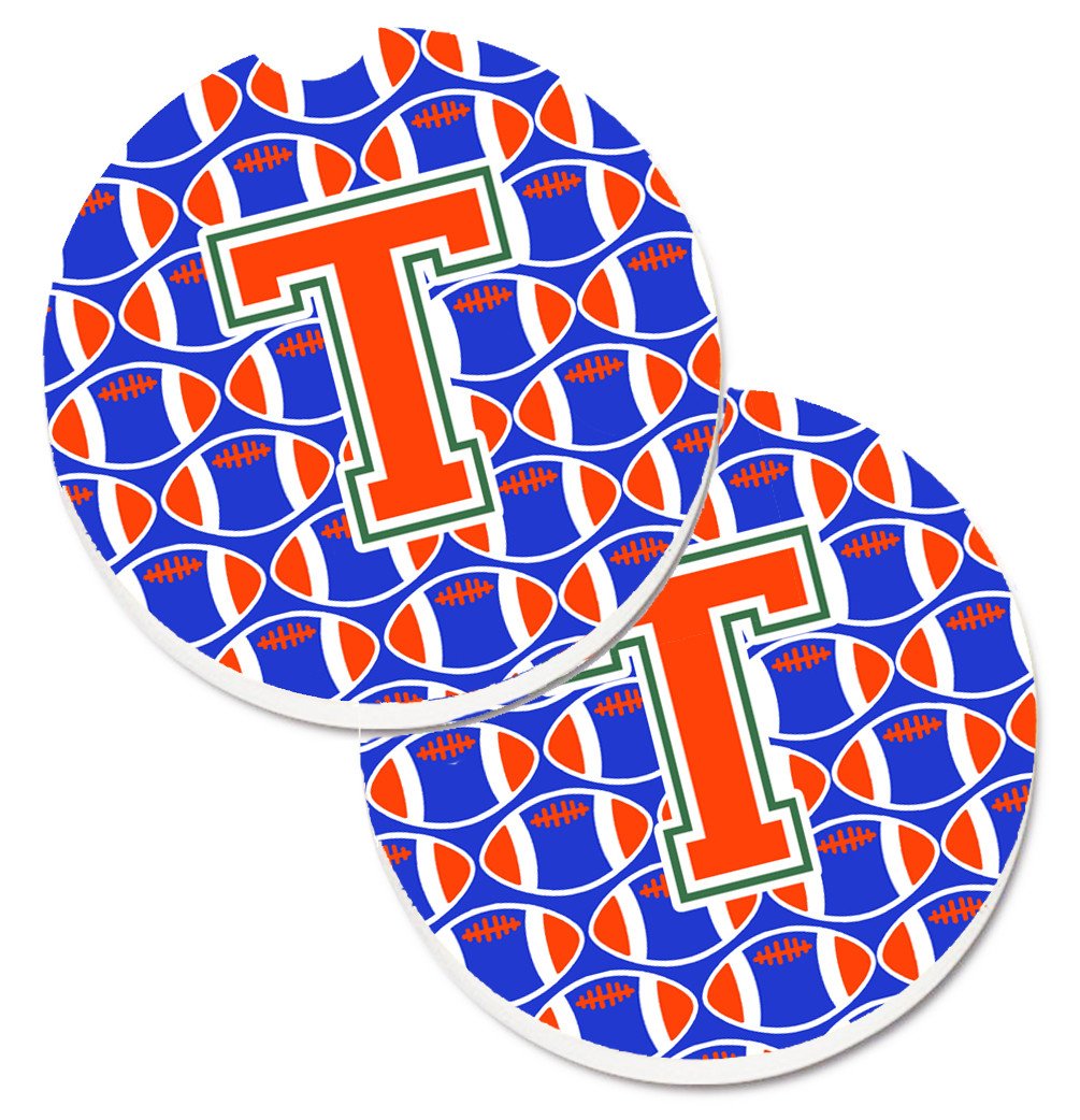 Letter T Football Green, Blue and Orange Set of 2 Cup Holder Car Coasters CJ1083-TCARC by Caroline&#39;s Treasures