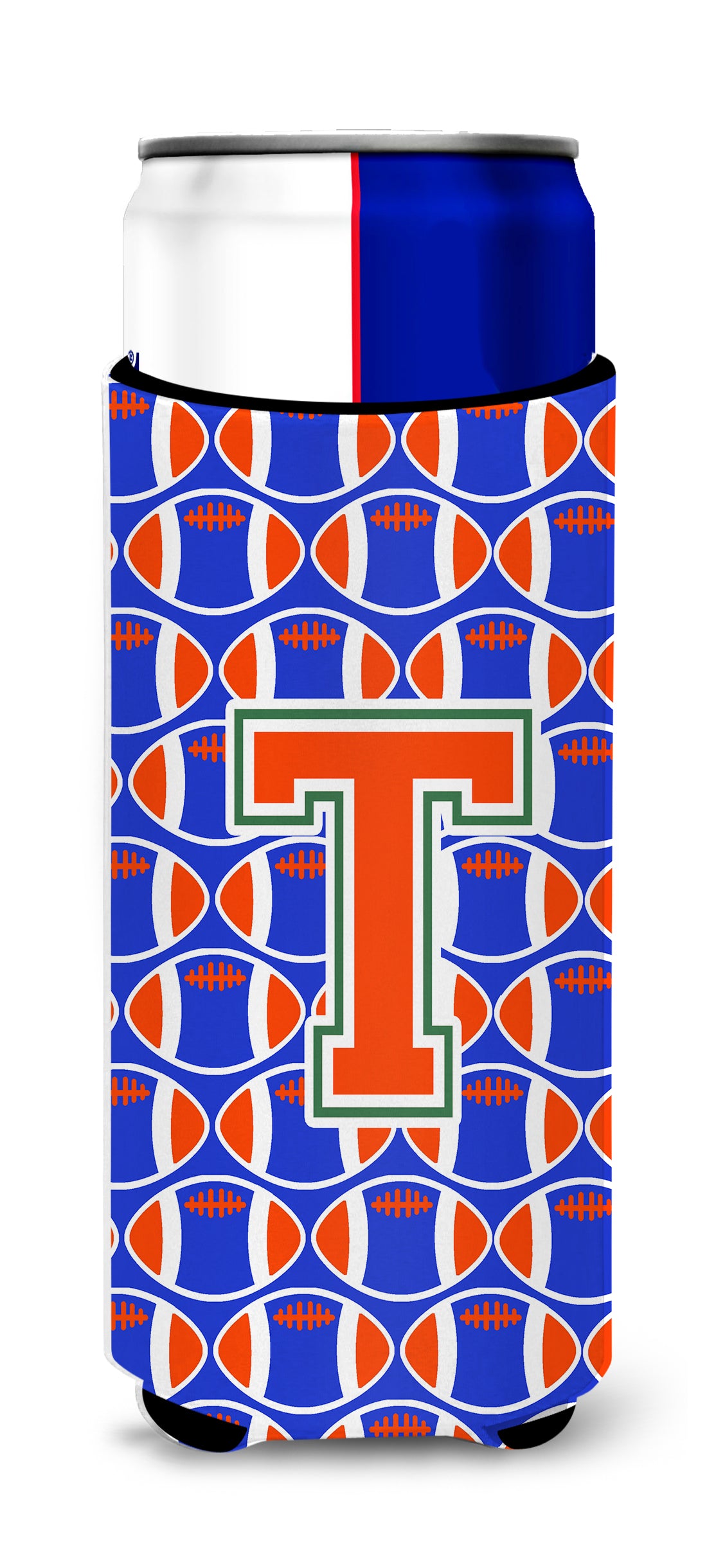 Letter T Football Green, Blue and Orange Ultra Beverage Insulators for slim cans CJ1083-TMUK.