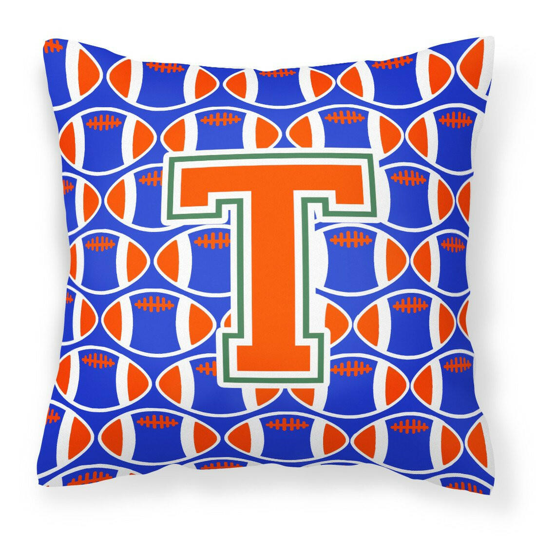 Letter T Football Green, Blue and Orange Fabric Decorative Pillow CJ1083-TPW1414 by Caroline&#39;s Treasures