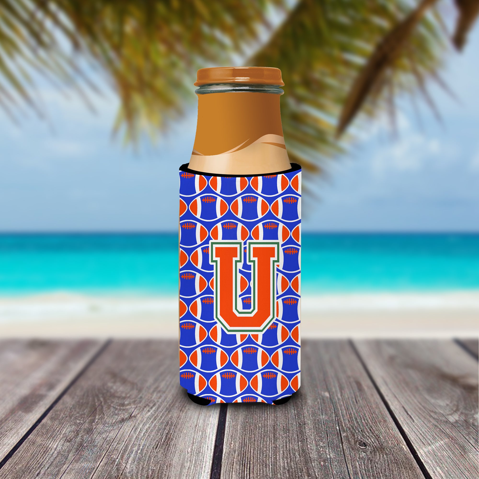 Letter U Football Green, Blue and Orange Ultra Beverage Insulators for slim cans CJ1083-UMUK.