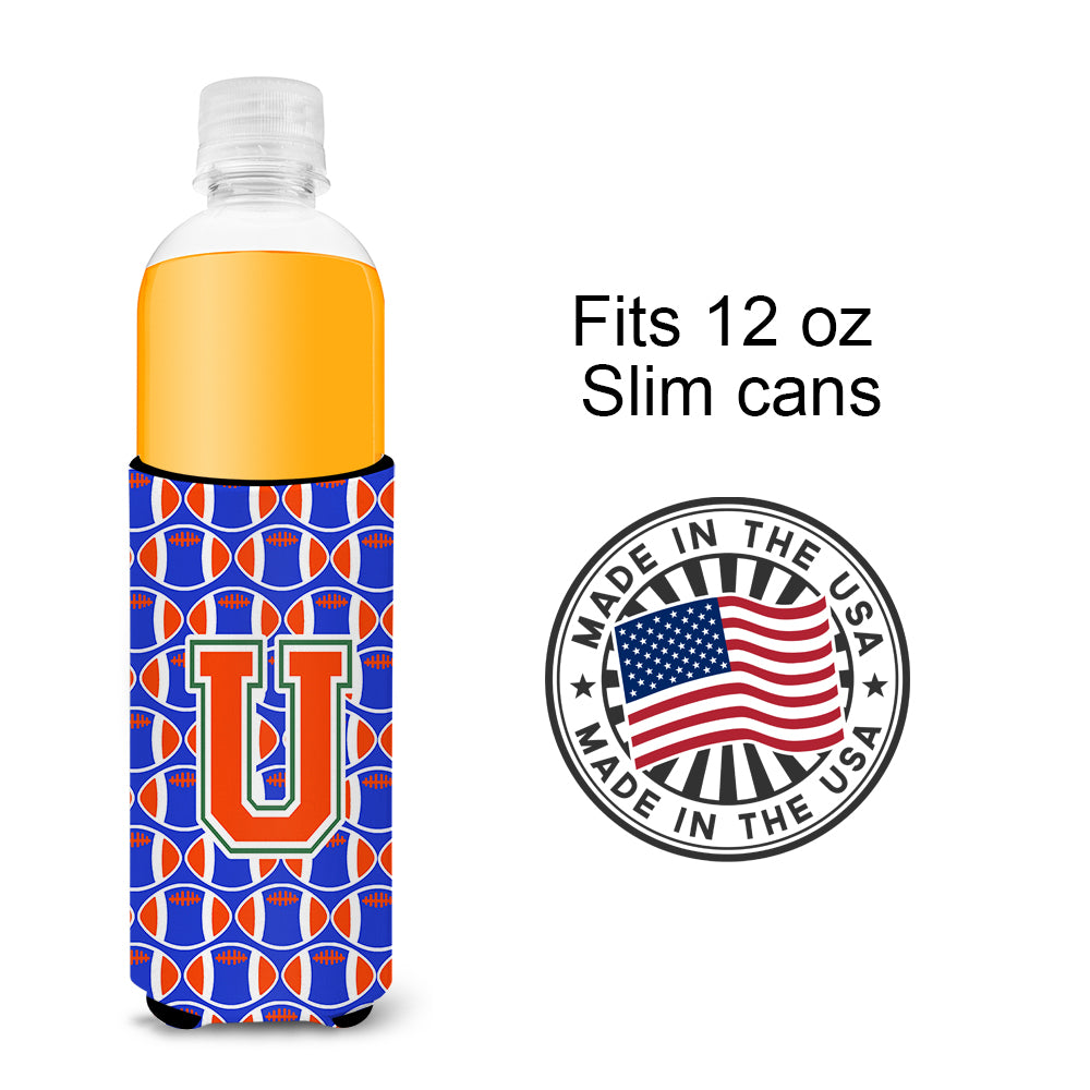 Letter U Football Green, Blue and Orange Ultra Beverage Insulators for slim cans CJ1083-UMUK.