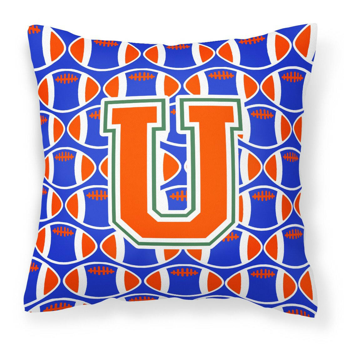 Letter U Football Green, Blue and Orange Fabric Decorative Pillow CJ1083-UPW1414 by Caroline&#39;s Treasures