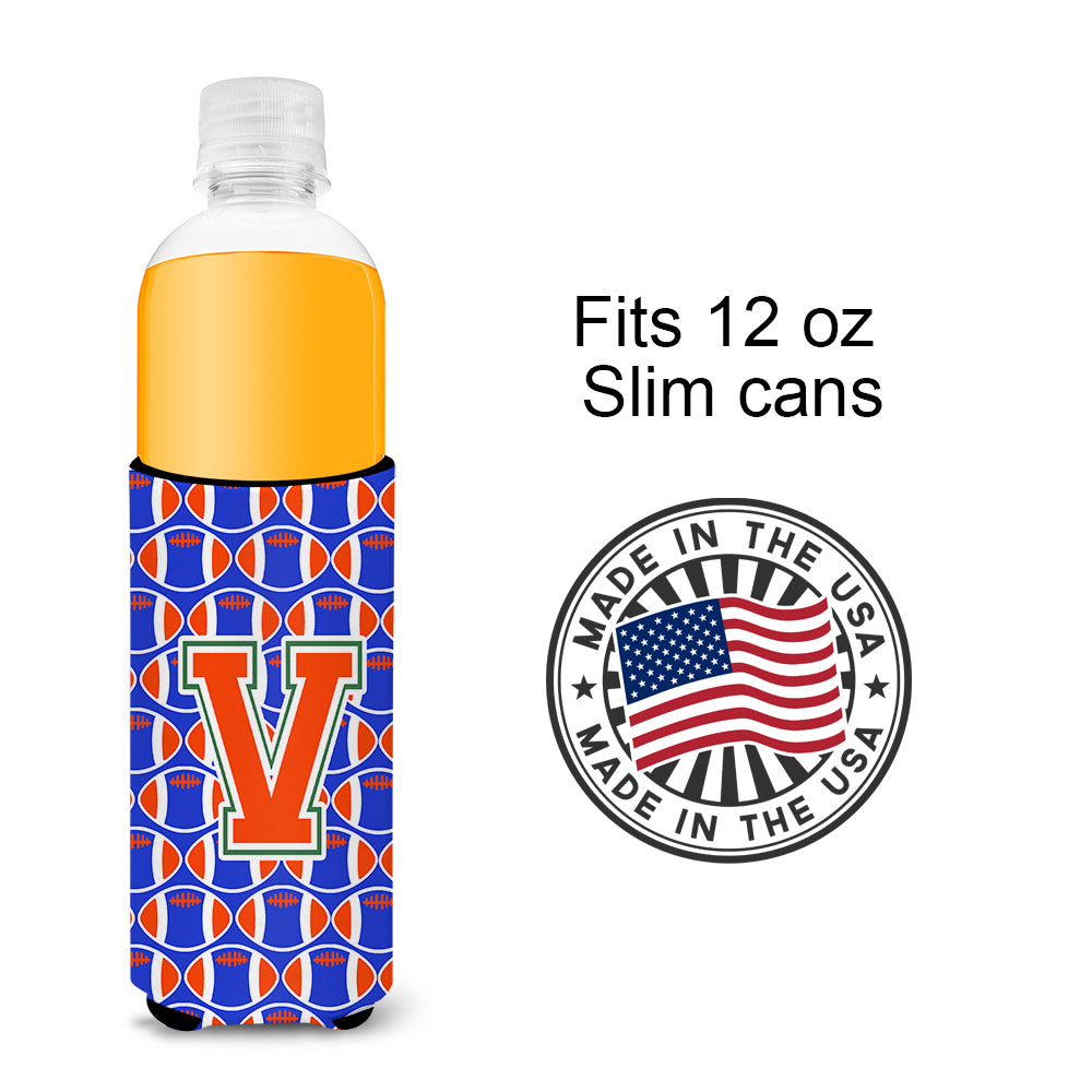 Letter V Football Green, Blue and Orange Ultra Beverage Insulators for slim cans CJ1083-VMUK.
