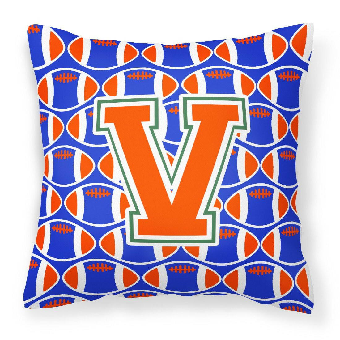 Letter V Football Green, Blue and Orange Fabric Decorative Pillow CJ1083-VPW1414 by Caroline&#39;s Treasures