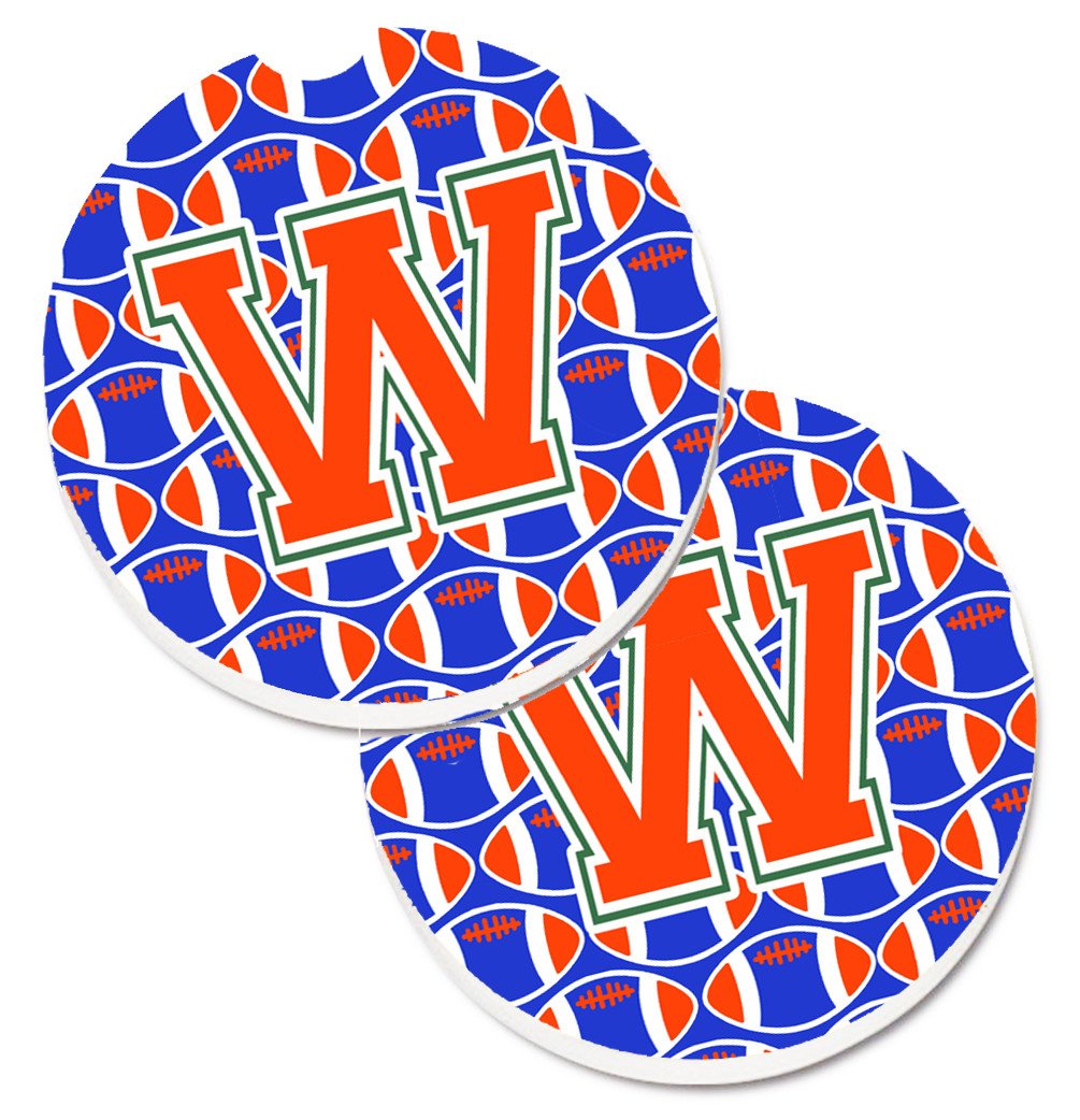 Letter W Football Green, Blue and Orange Set of 2 Cup Holder Car Coasters CJ1083-WCARC by Caroline&#39;s Treasures
