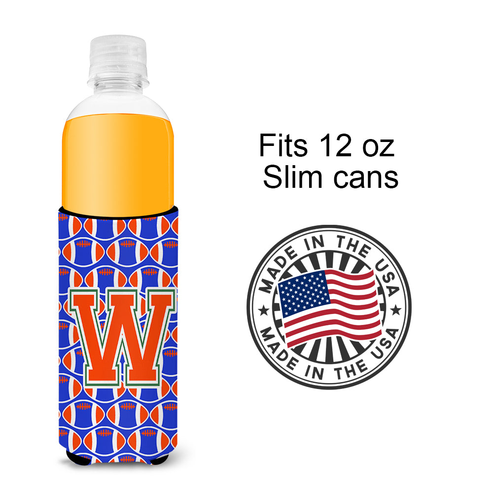 Letter W Football Green, Blue and Orange Ultra Beverage Insulators for slim cans CJ1083-WMUK.