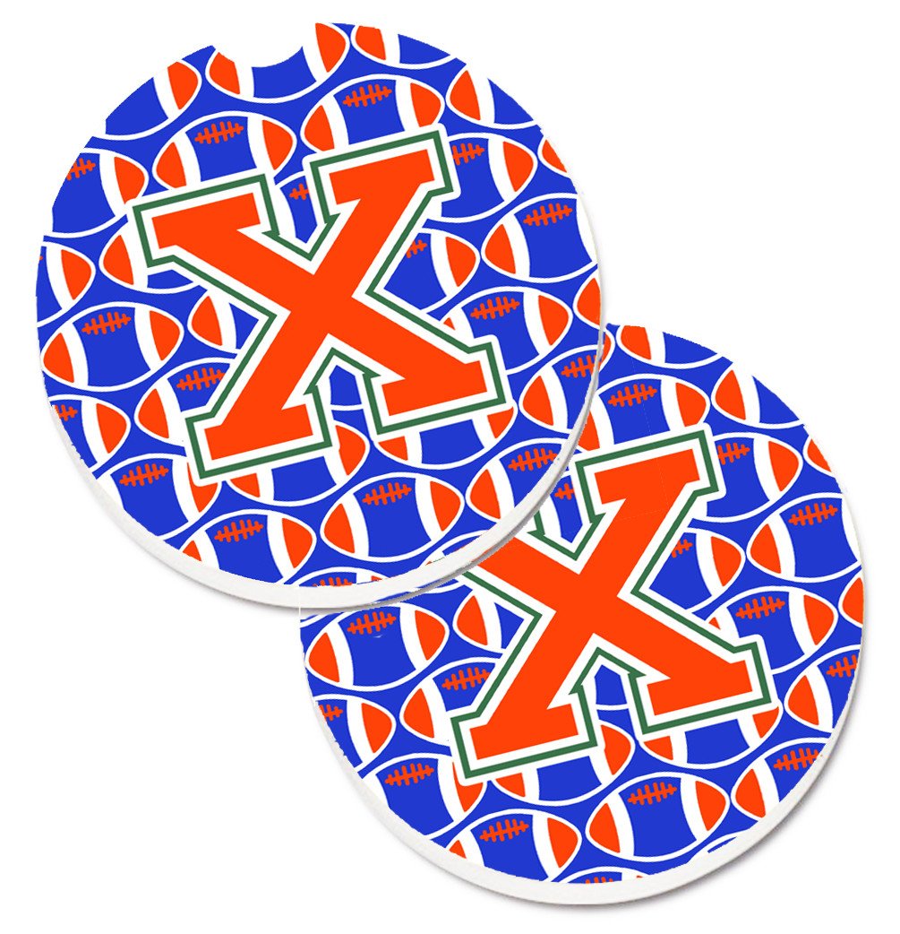 Letter X Football Green, Blue and Orange Set of 2 Cup Holder Car Coasters CJ1083-XCARC by Caroline&#39;s Treasures