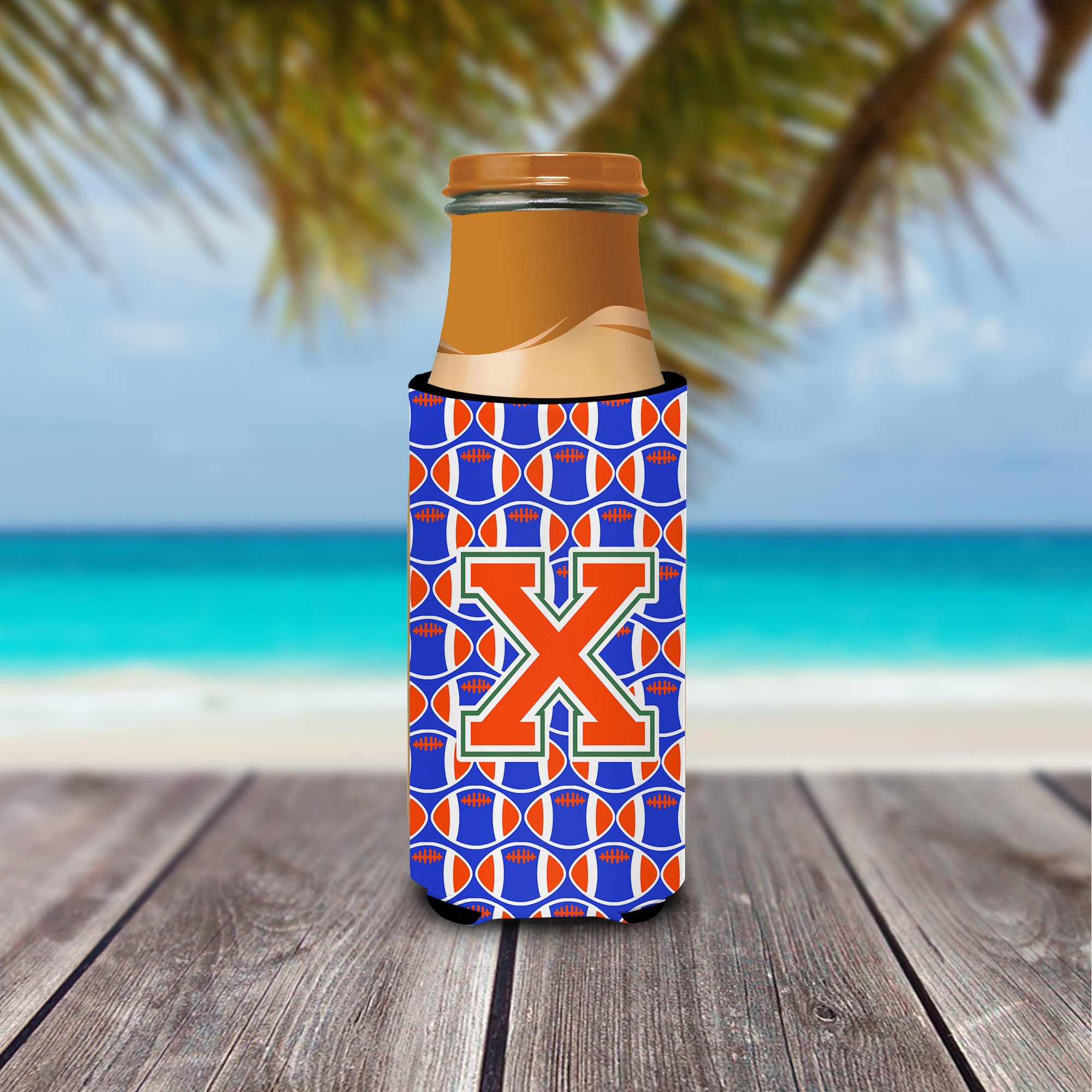 Letter X Football Green, Blue and Orange Ultra Beverage Insulators for slim cans CJ1083-XMUK.